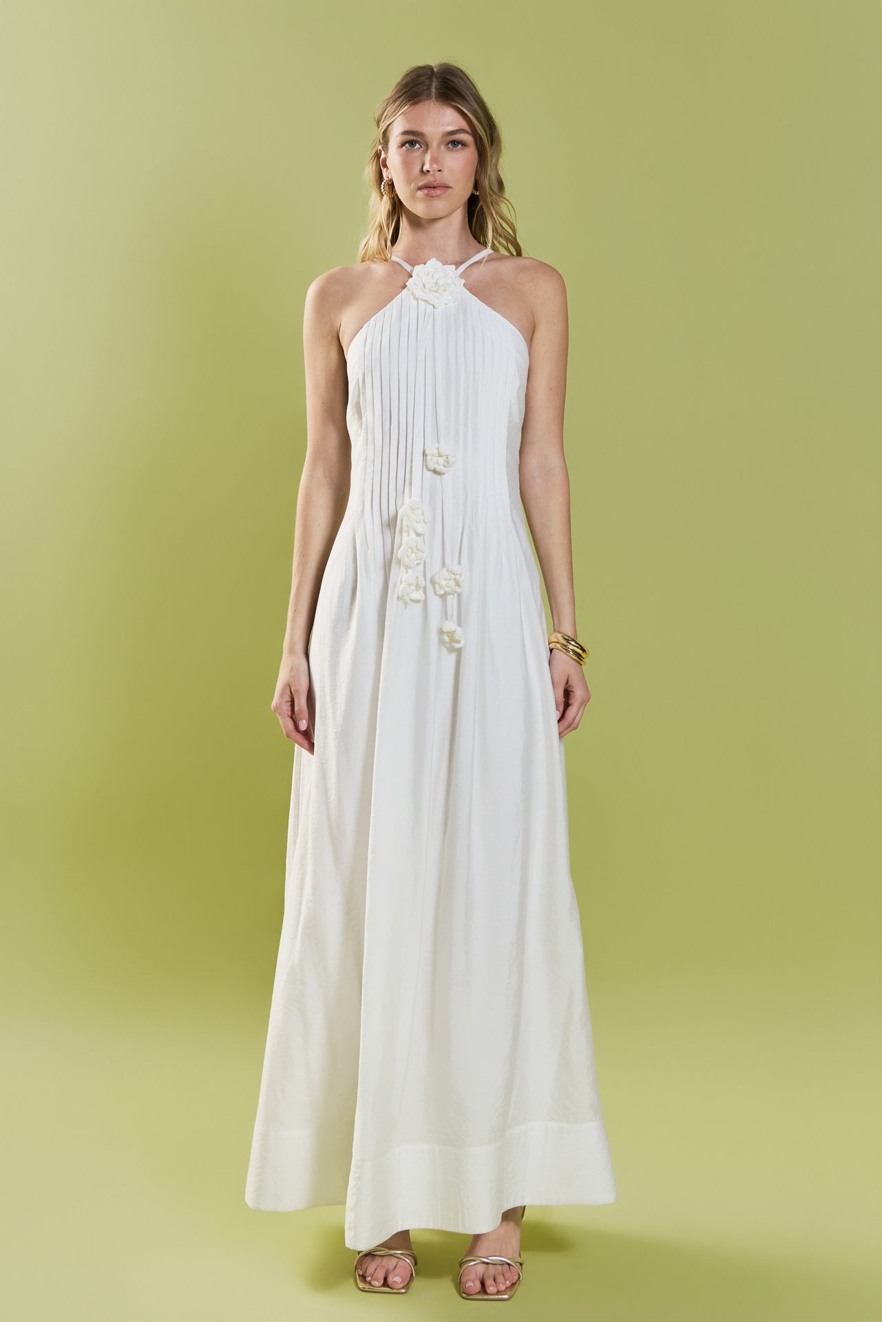 Crochet Flower Trim Halter Maxi Dress English Factory Crochet Flower Trim Halter Maxi Dress English Factory