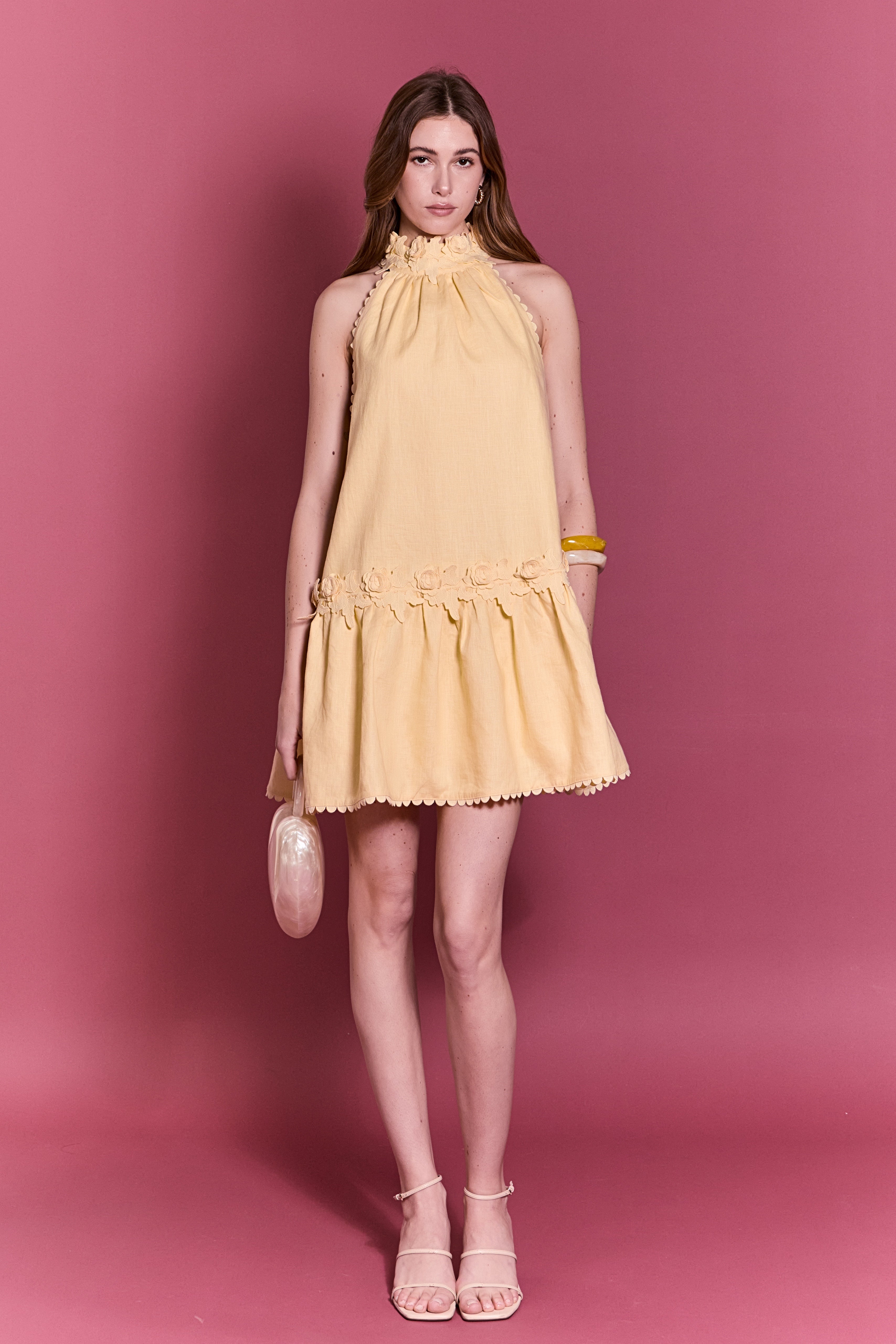 butter yellow halter mini dress Scalloped Linen – English Factory Available In Plus Sizes Color:Medium Gray Plaid Crinkled Slip Dress Contemporary Dresses