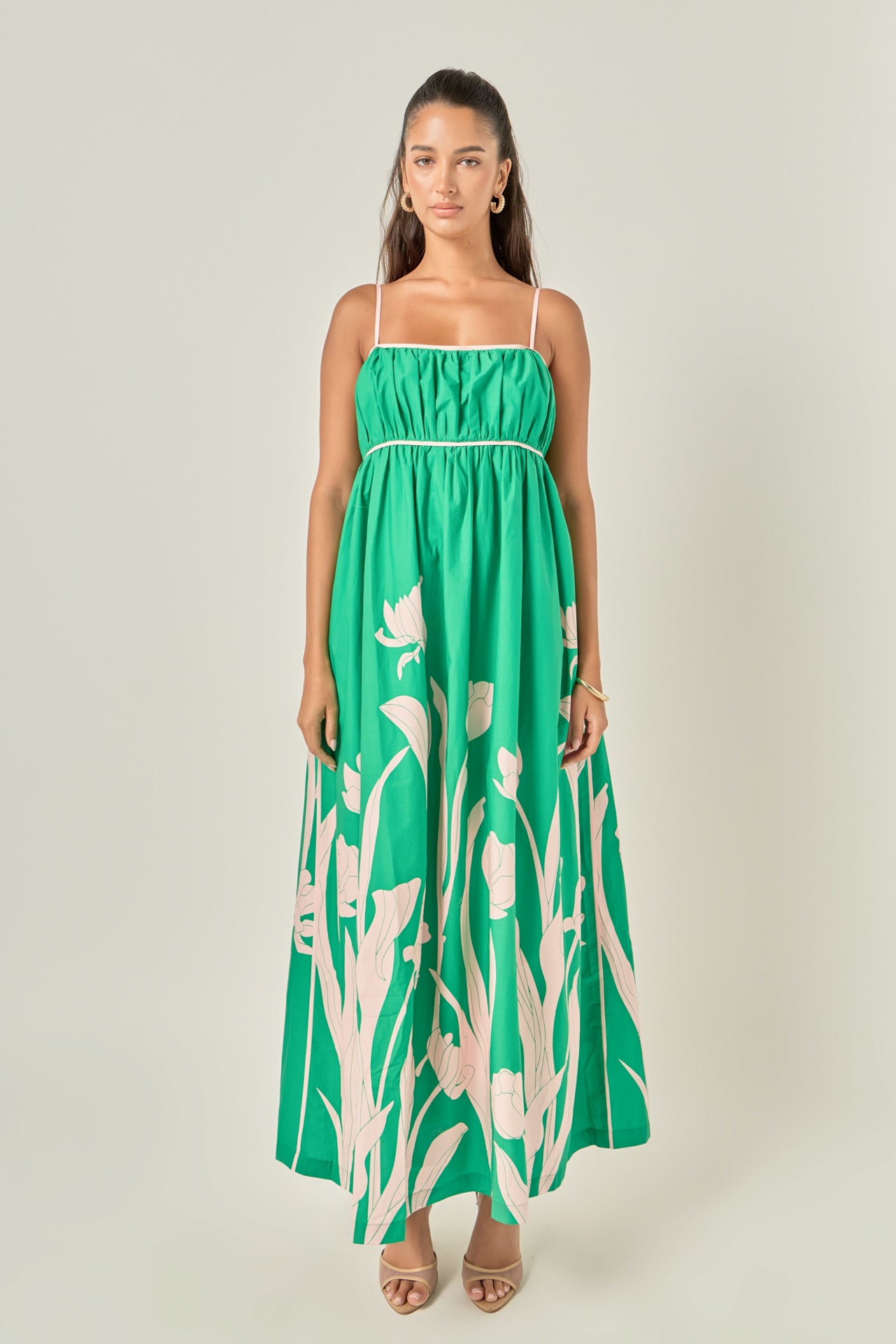 Tulip Print Empire Waist Maxi Dress KELLY GREEN/BLUSH / XS