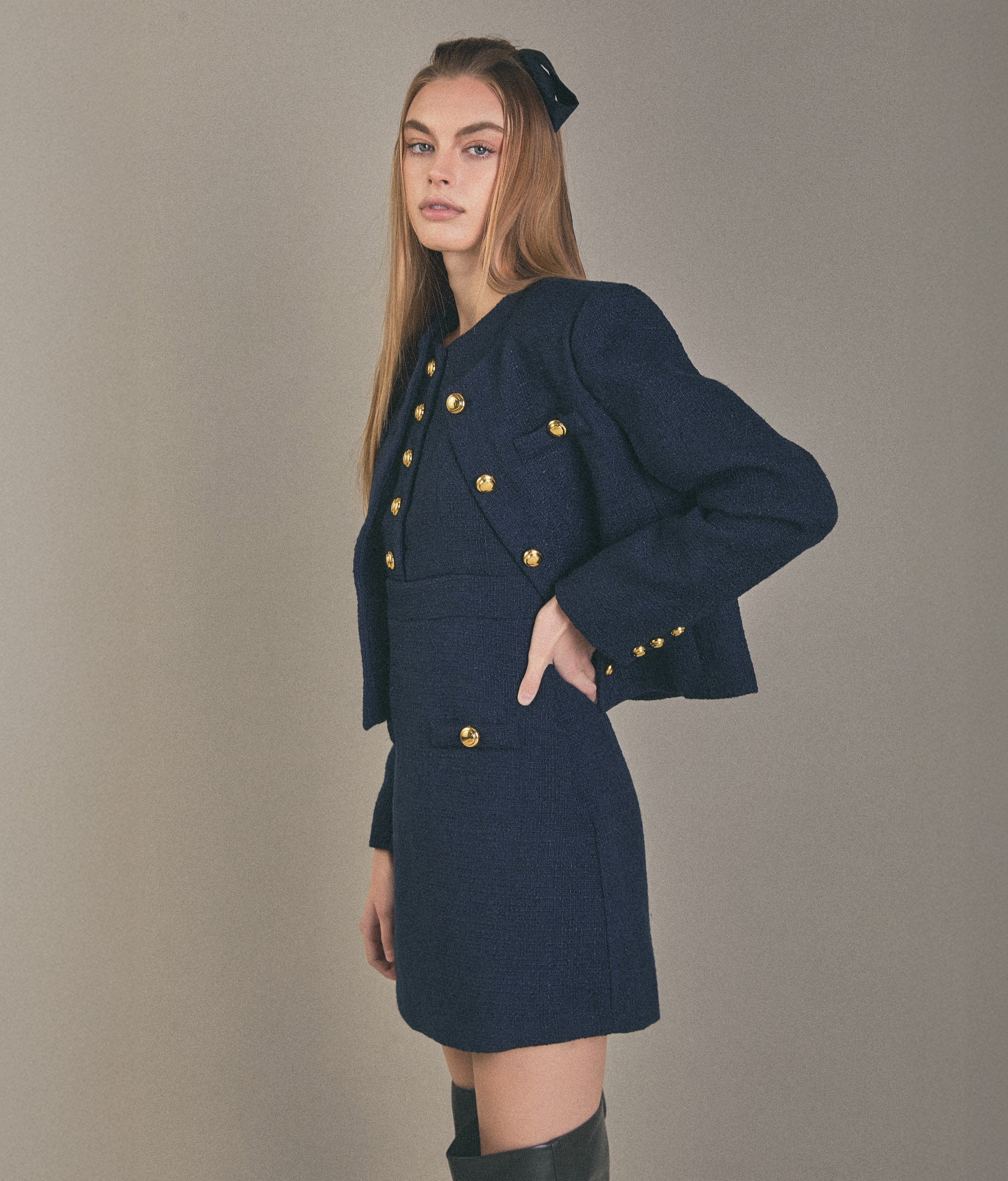 Gold Button Poiinted Tweed Dress - English Factory