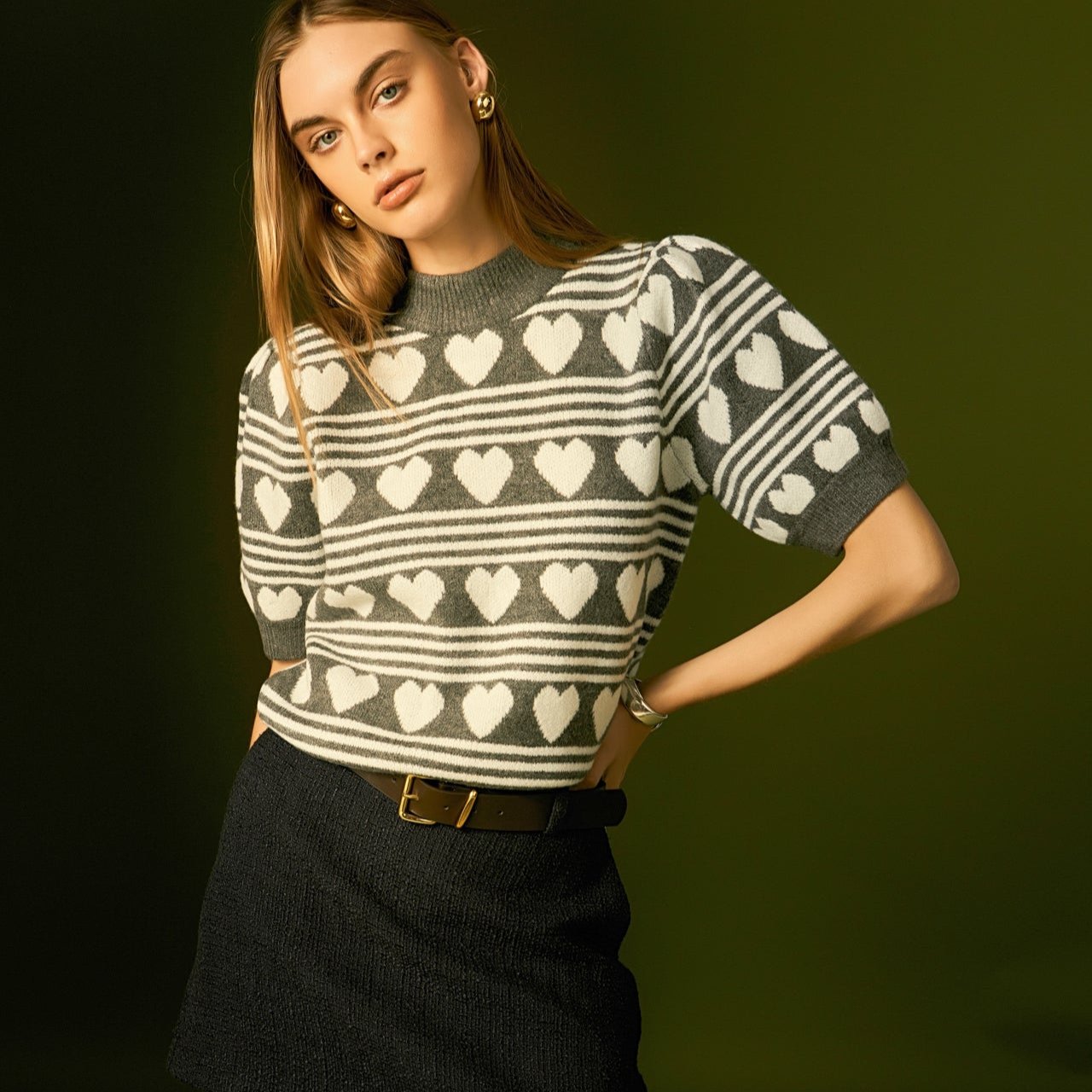 Heart Stripe Puff Sleeve Top - English Factory