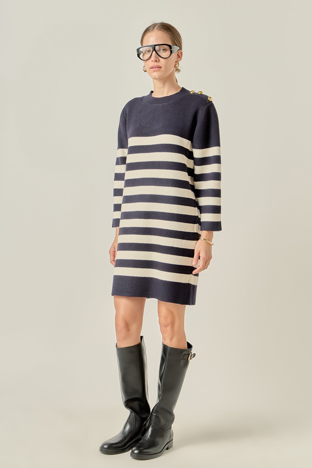 English Factory Stripe Long Sleeve Sweater Dress - NAVY/OFF White