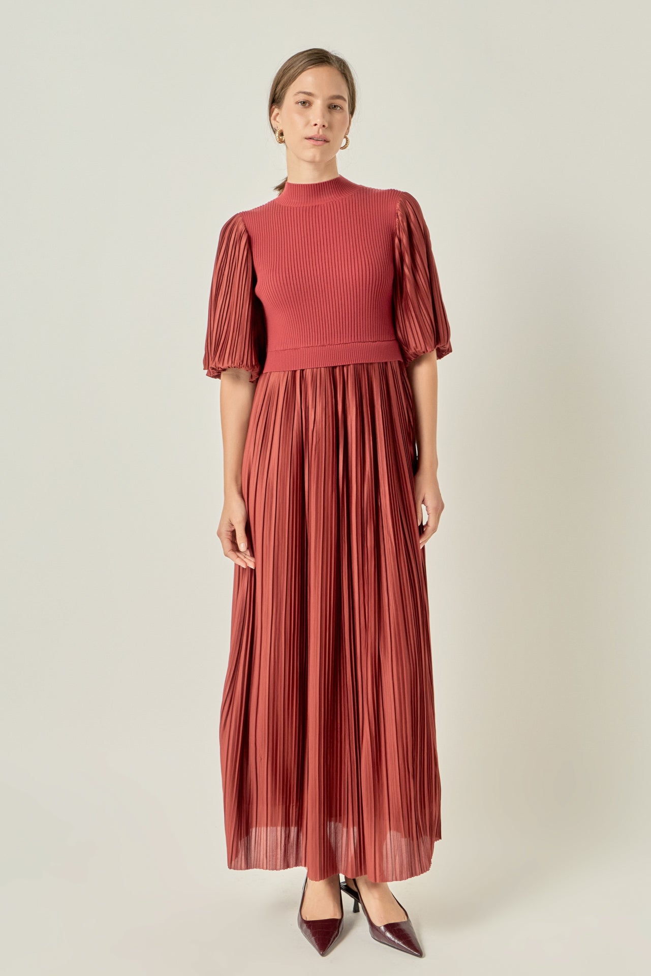 designer pleated dresses Mix Media Maxi Dress BRICK / S Spaghetti Strap Color Size:0X (10-12) Black Dress with White sale_size_small