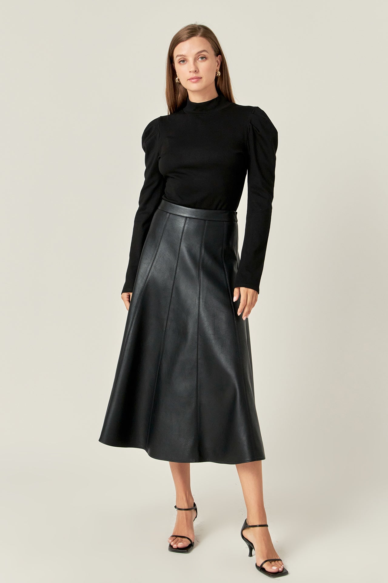 Flare Faux Leather Midi Skirt English Factory Flare Faux Leather Midi Skirt English Factory