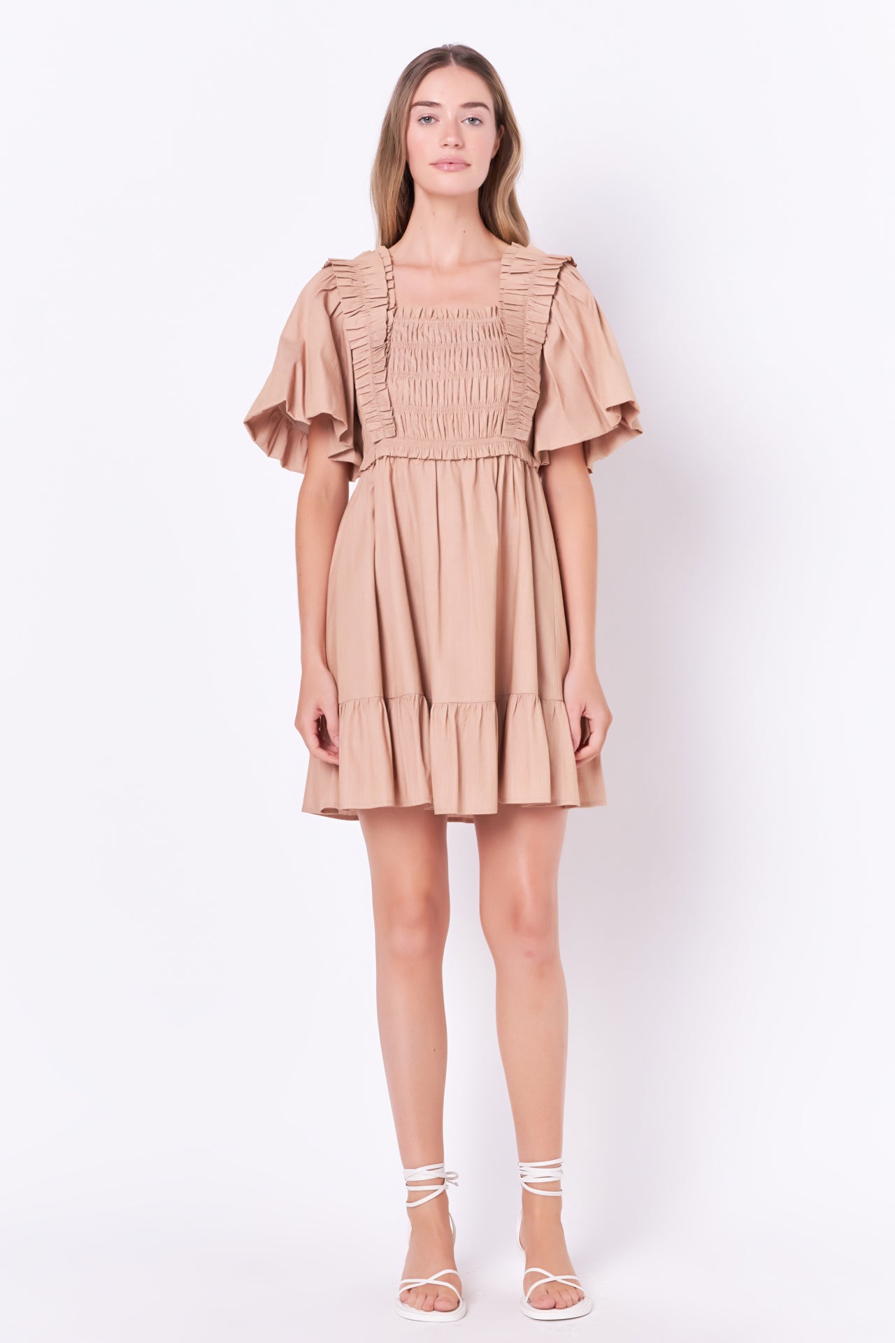 NEW! English Factory Mini Dress w Puffed Sleeves store Taupe - L