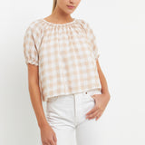 Gingham Top with Short Puff Sleeves
