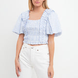 Gingham Smocked Puff Sleeve Top