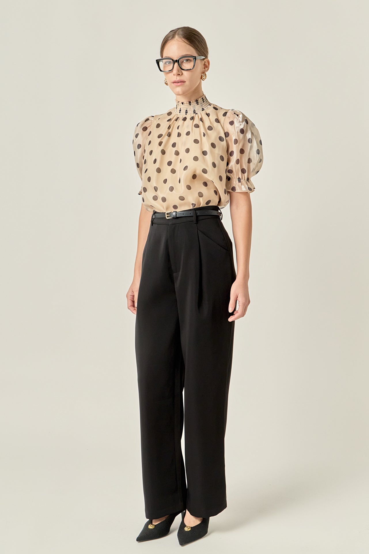 Polka-dot Puff Sleeve Top with Mock Neck – English Factory