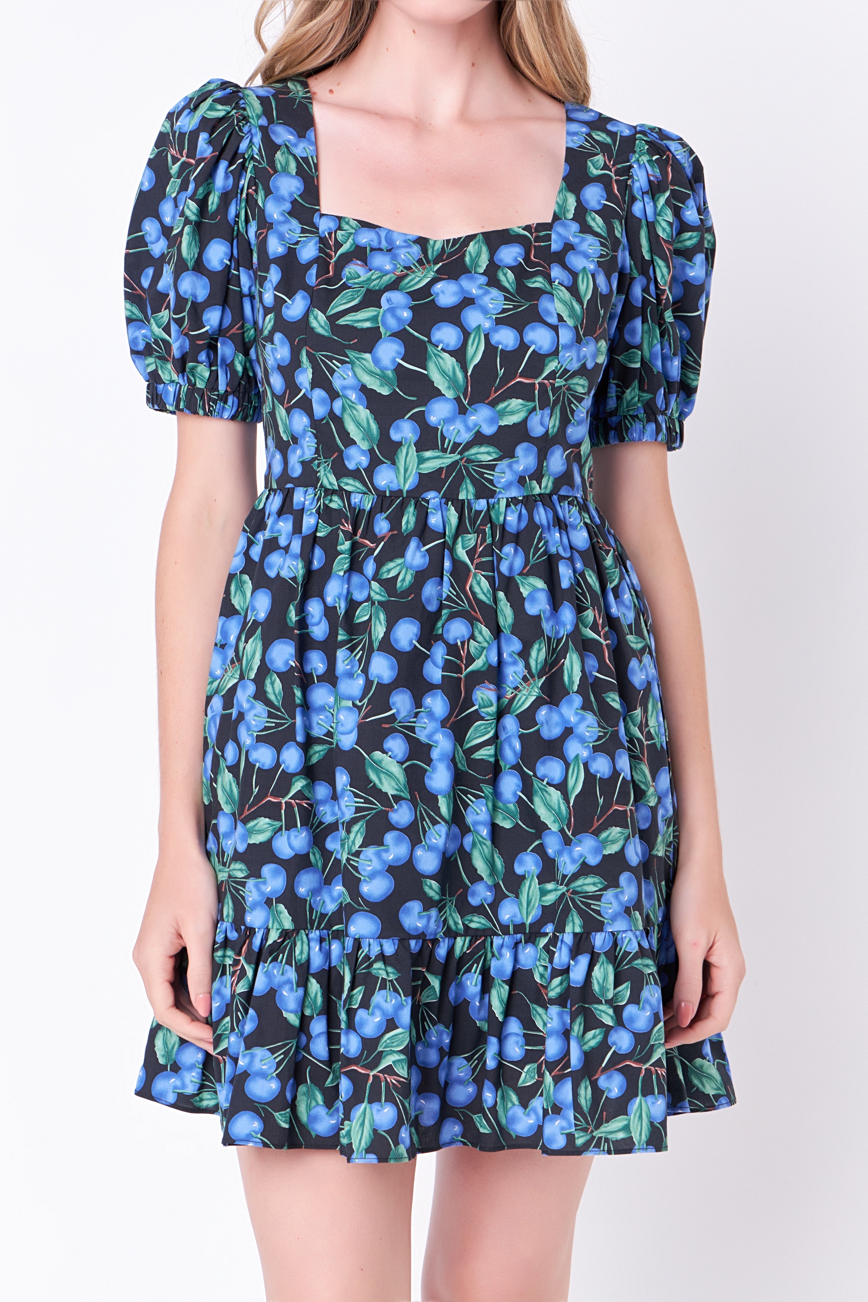 Blueberry Print Mini Dress with Puff Sleeves