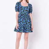 Blueberry Print Mini Dress with Puff Sleeves