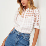 ENGLISH FACTORY-Short Sleeve Organza Grid Blouse-TOPS available at Objectrare
