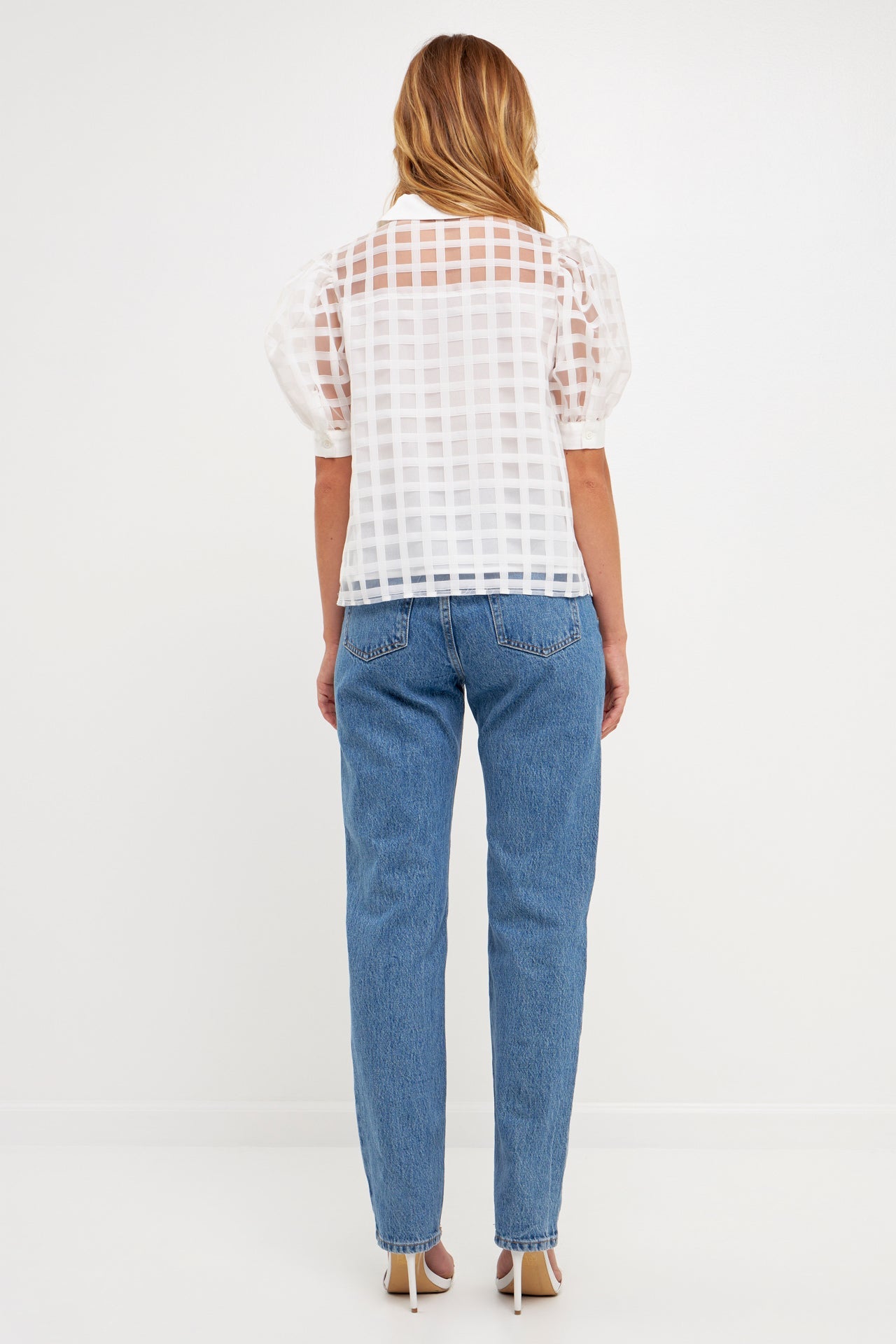 ENGLISH FACTORY-Short Sleeve Organza Grid Blouse-TOPS available at Objectrare