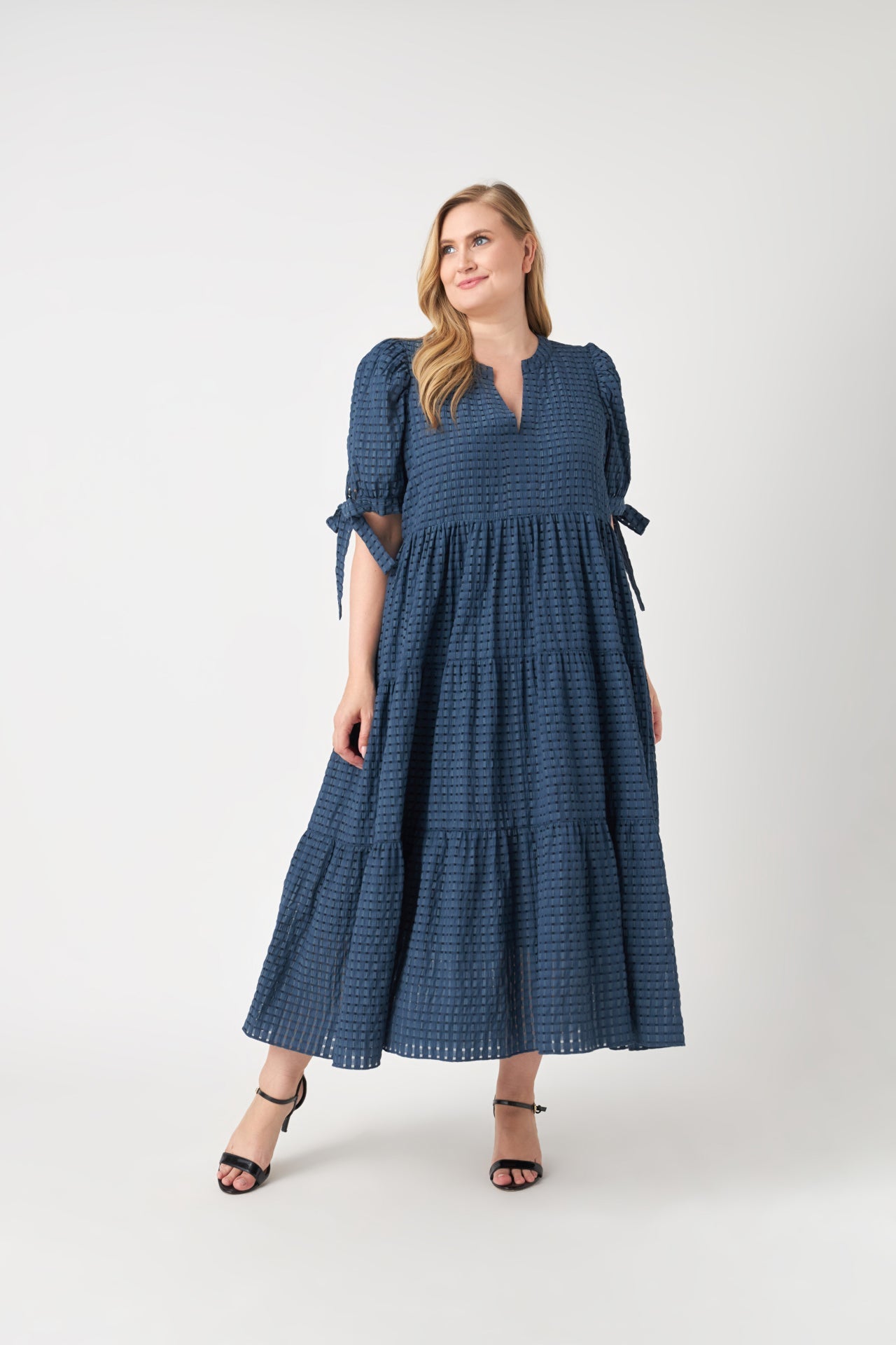 ENGLISH FACTORY-Gingham Tiered Midi Dress with Bow Tie Sleeves-DRESSES available at Objectrare