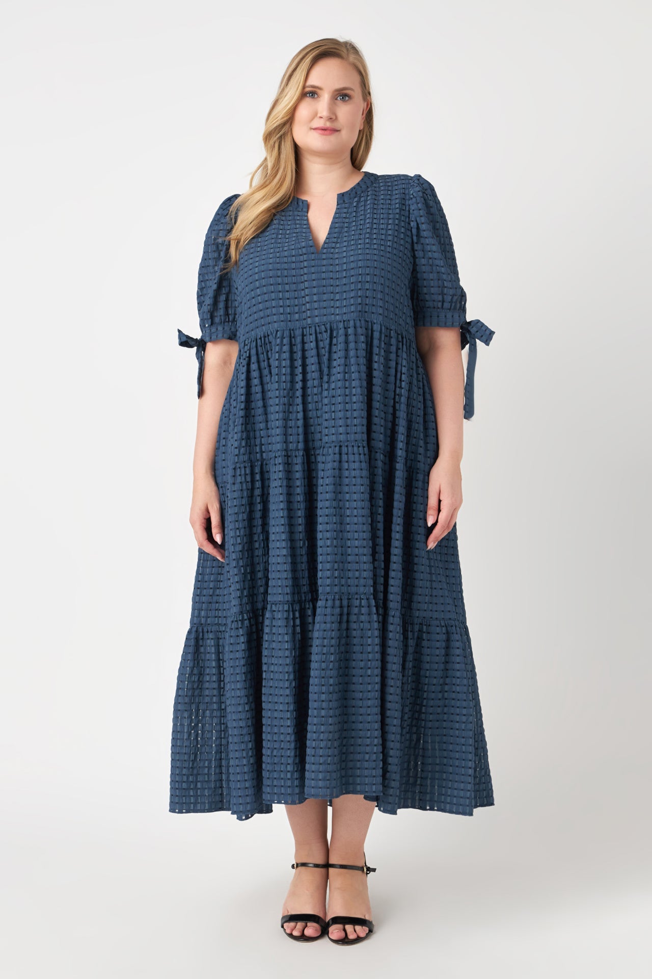 ENGLISH FACTORY-Gingham Tiered Midi Dress with Bow Tie Sleeves-DRESSES available at Objectrare