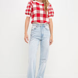 Gingham Puff Sleeve Knit Top
