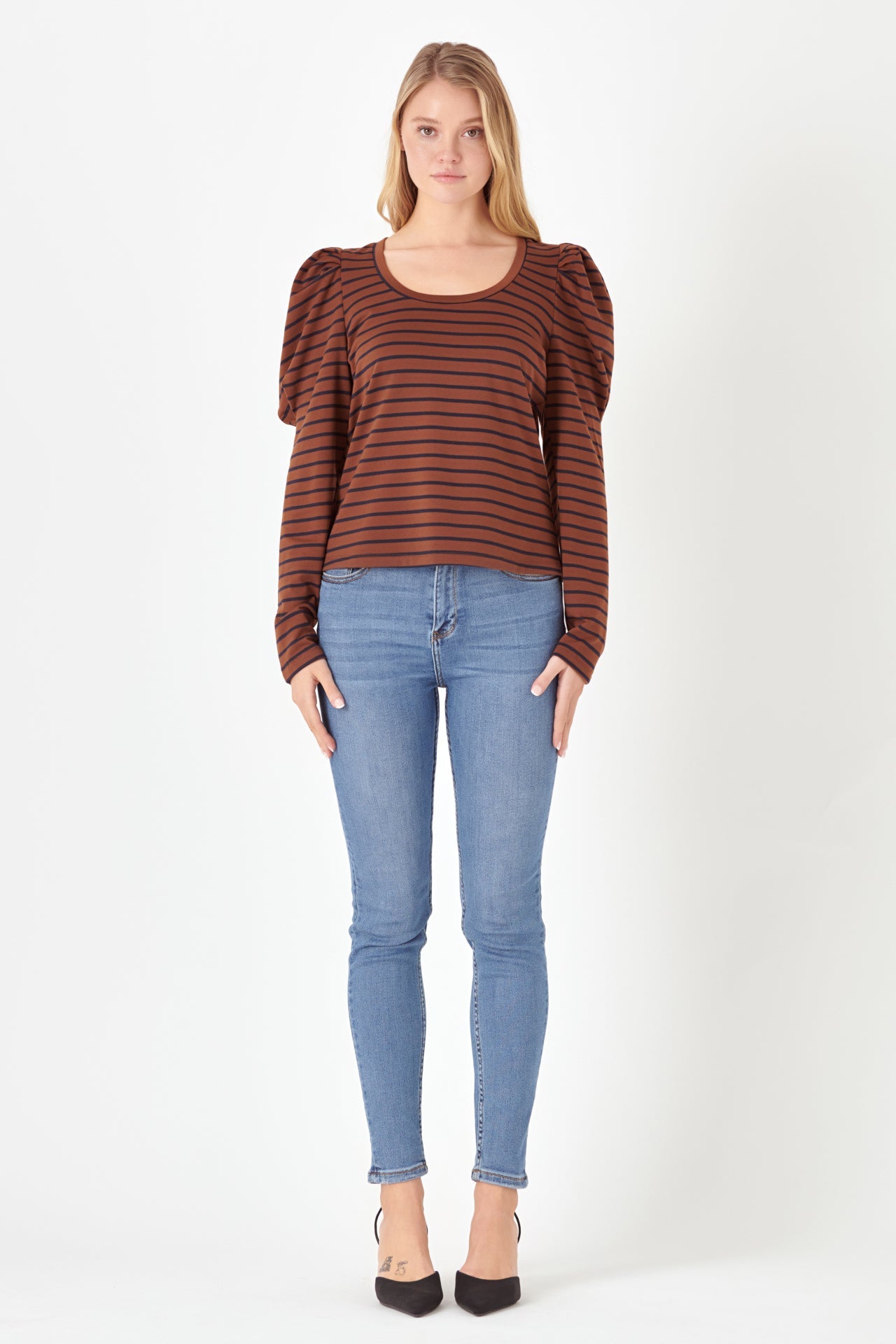 Elbow Puff Sleeve Snap Front Knit Shirt
