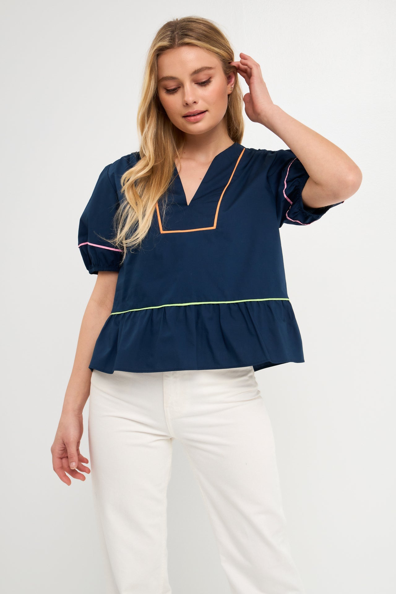 ENGLISH FACTORY-Piping Detail Top with Short Puff Sleeves-TOPS available at Objectrare
