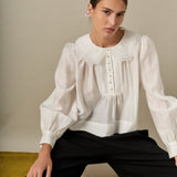 Lace Collar Shirred Long Sleeve Blouse