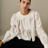 Lace Collar Shirred Long Sleeve Blouse