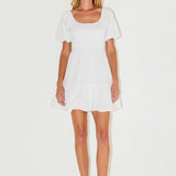 Mixed Media Puff Sleeve Back Bow Dress