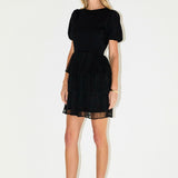 Puff Sleeve Mixed Media Mini Dress in Black