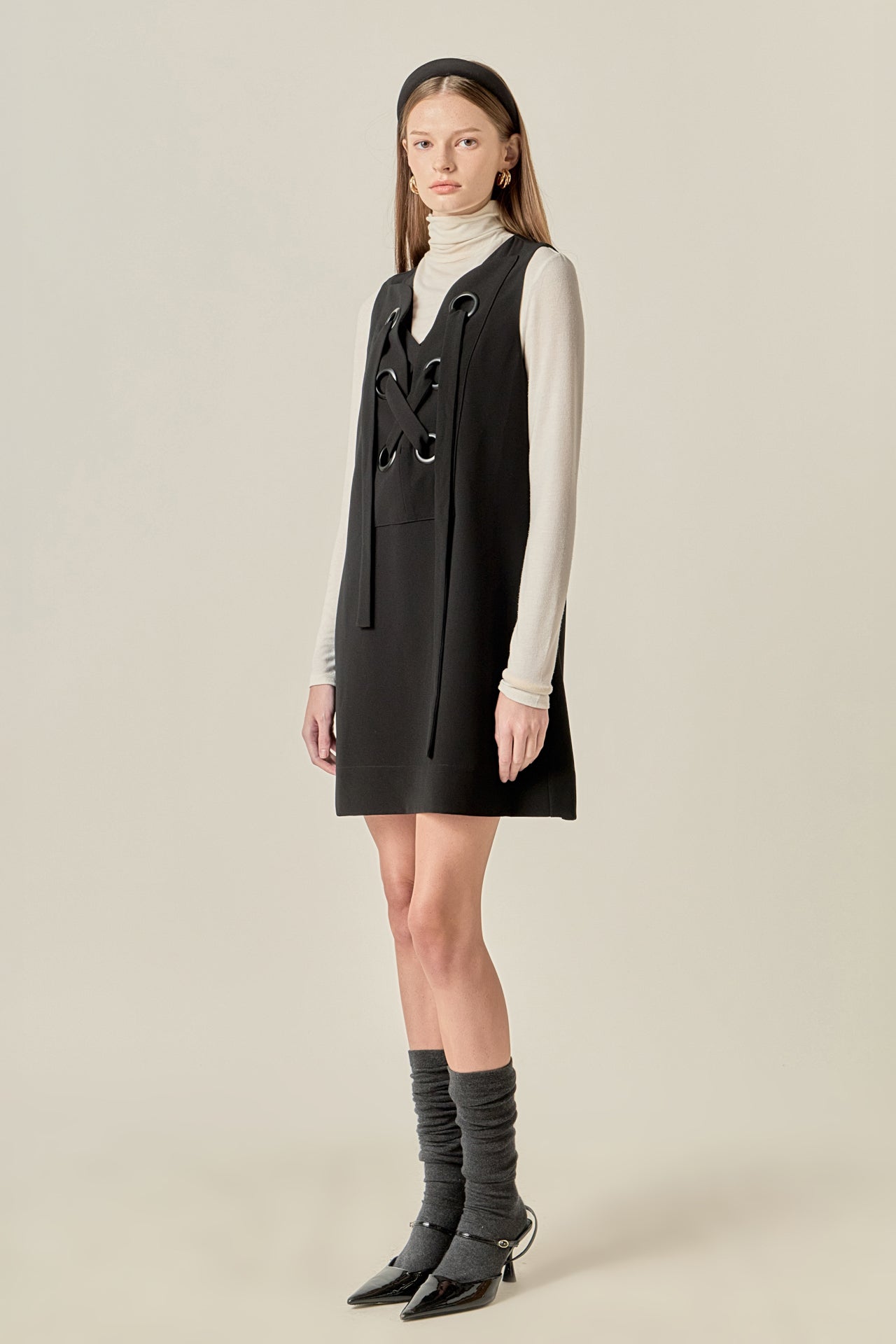Lace-Up Detail Woven Mini Dress Lace-Up Detail Woven Mini Dress