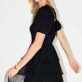Puff Sleeve Mixed Media Mini Dress in Black