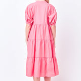 Short Puff Sleeve Midi Dress With Pockets