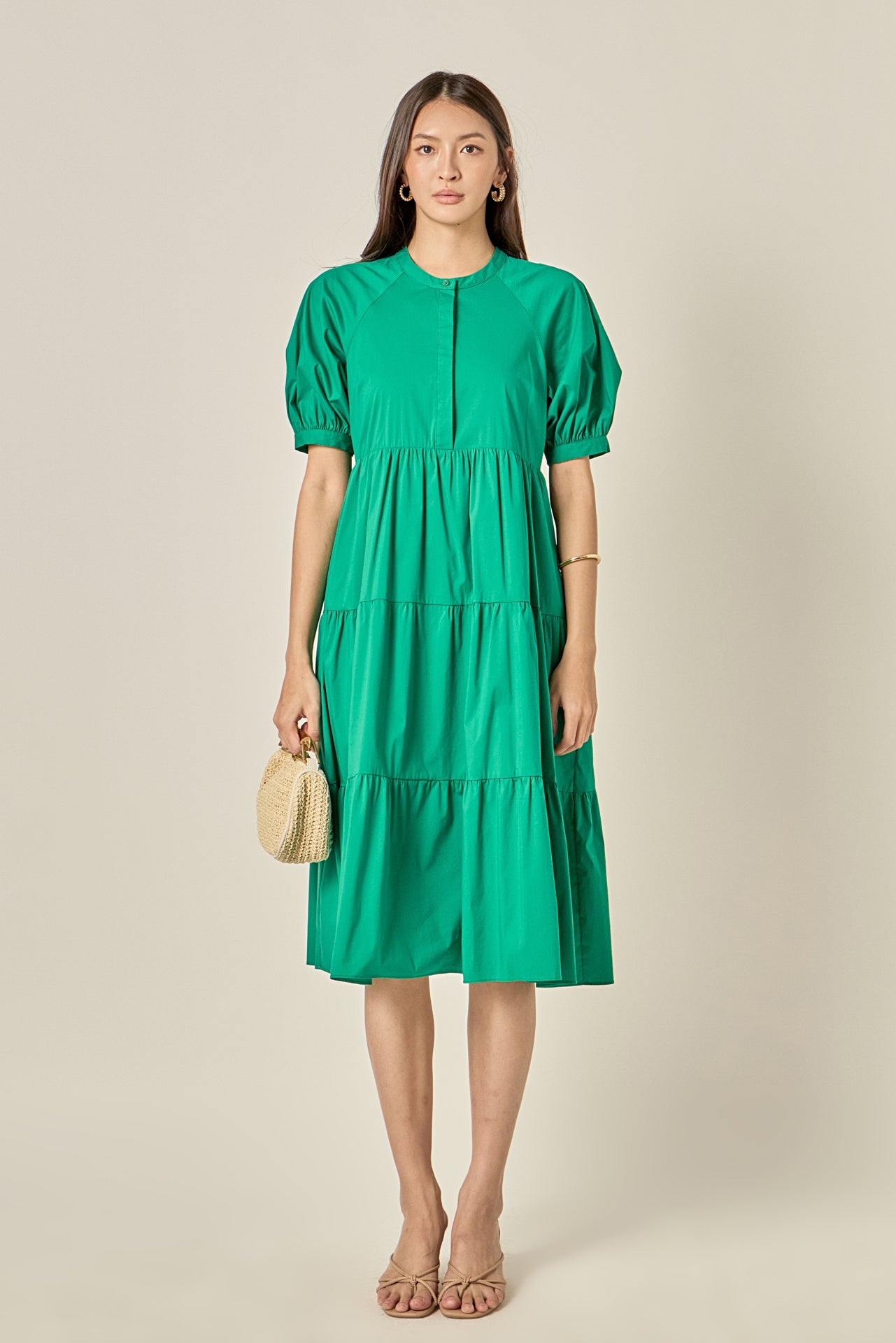 Puff Sleeve Tiered Midi Dress English Factory Puff Sleeve Tiered Midi Dress English Factory