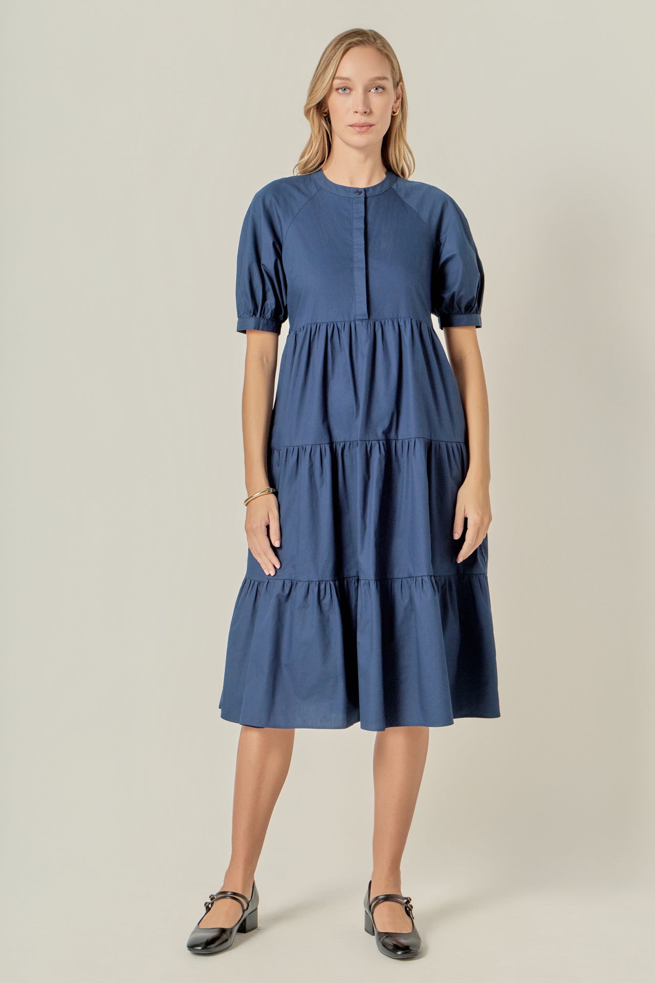 Tiered Midi Dress with Bow-Tie Sleeves English Factory Tiered Midi Dress with Bow-Tie Sleeves English Factory