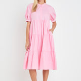 Short Puff Sleeve Tiered Midi Dress