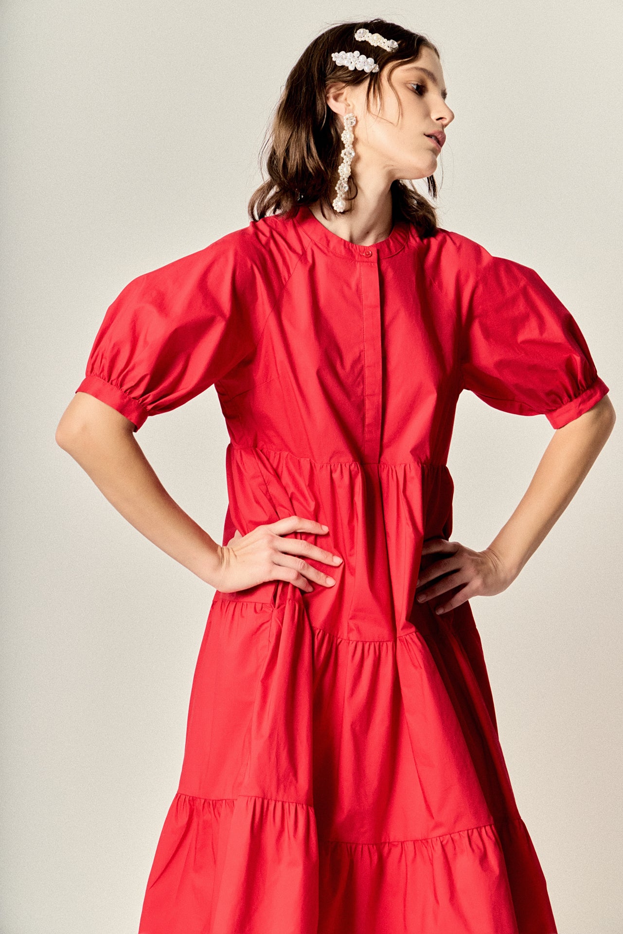 English Factory - Short Puff Sleeve Midi Dress Red / S English Factory - Short Puff Sleeve Midi Dress Red / S