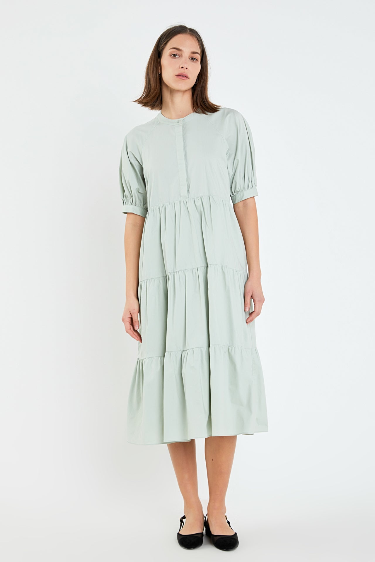 english factory puff sleeve tiered midi dress V-Neck Floral Puff Sleeve Tiered Midi Dress