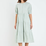 Short Puff Sleeve Midi Dress With Pockets