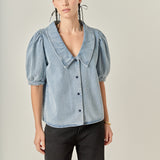 Deep V-Neck Button Up Denim Shirt