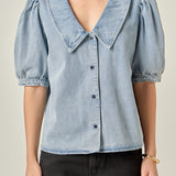 Deep V-Neck Button Up Denim Shirt