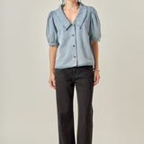 Deep V-Neck Button Up Denim Shirt