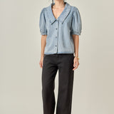 Deep V-Neck Button Up Denim Shirt