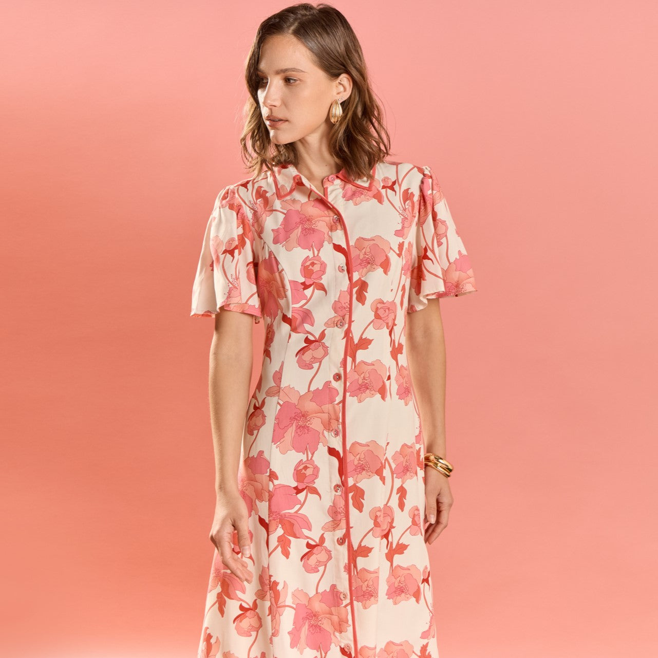 Floral Button-Front Midi Shirt Dress
