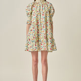 Smocked High Neck Puff Sleeve Mini Dress