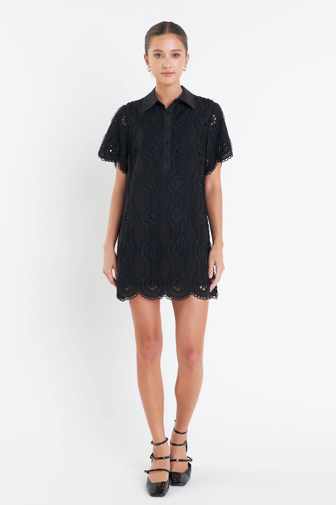 Scallop Embroidered Cotton Mini Shirt Dress English Factory