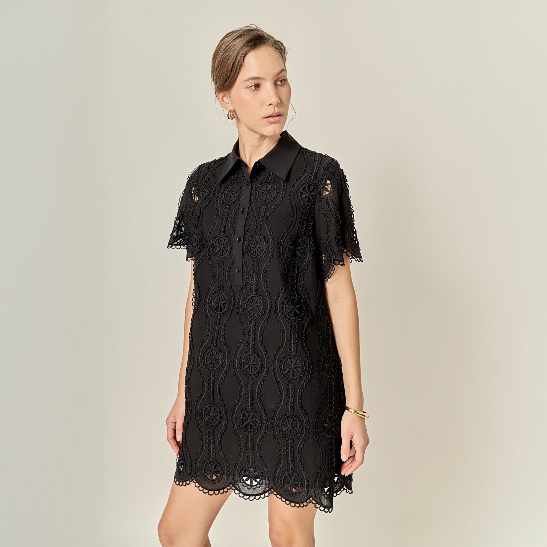 Scallop Embroidered Cotton Mini Shirt Dress