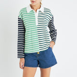 Knit Stripe Color Block Polo Sleeves Top