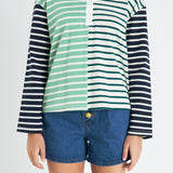 Knit Stripe Color Block Polo Sleeves Top