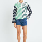 Knit Stripe Color Block Polo Sleeves Top