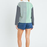 Knit Stripe Color Block Polo Sleeves Top