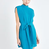 Sleveless Shoulder Pad Shift Dress with Tie