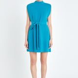 Sleveless Shoulder Pad Shift Dress with Tie