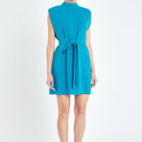 Sleveless Shoulder Pad Shift Dress with Tie