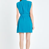 Sleveless Shoulder Pad Shift Dress with Tie